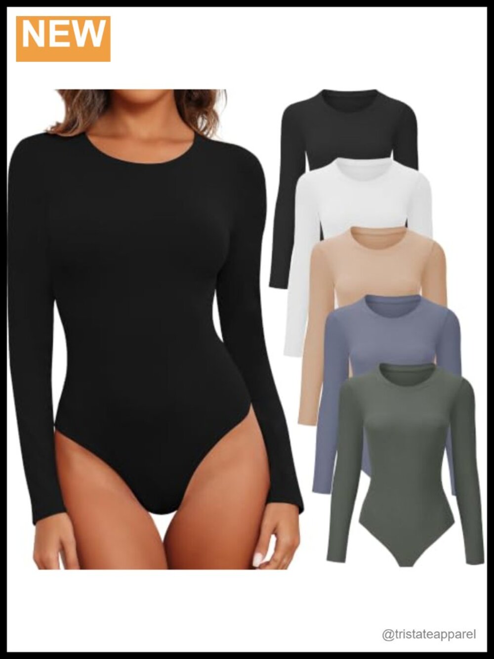 Long Sleeve Bodysuit Round Neck Snap Closure Stretch Rayon Spandex Women